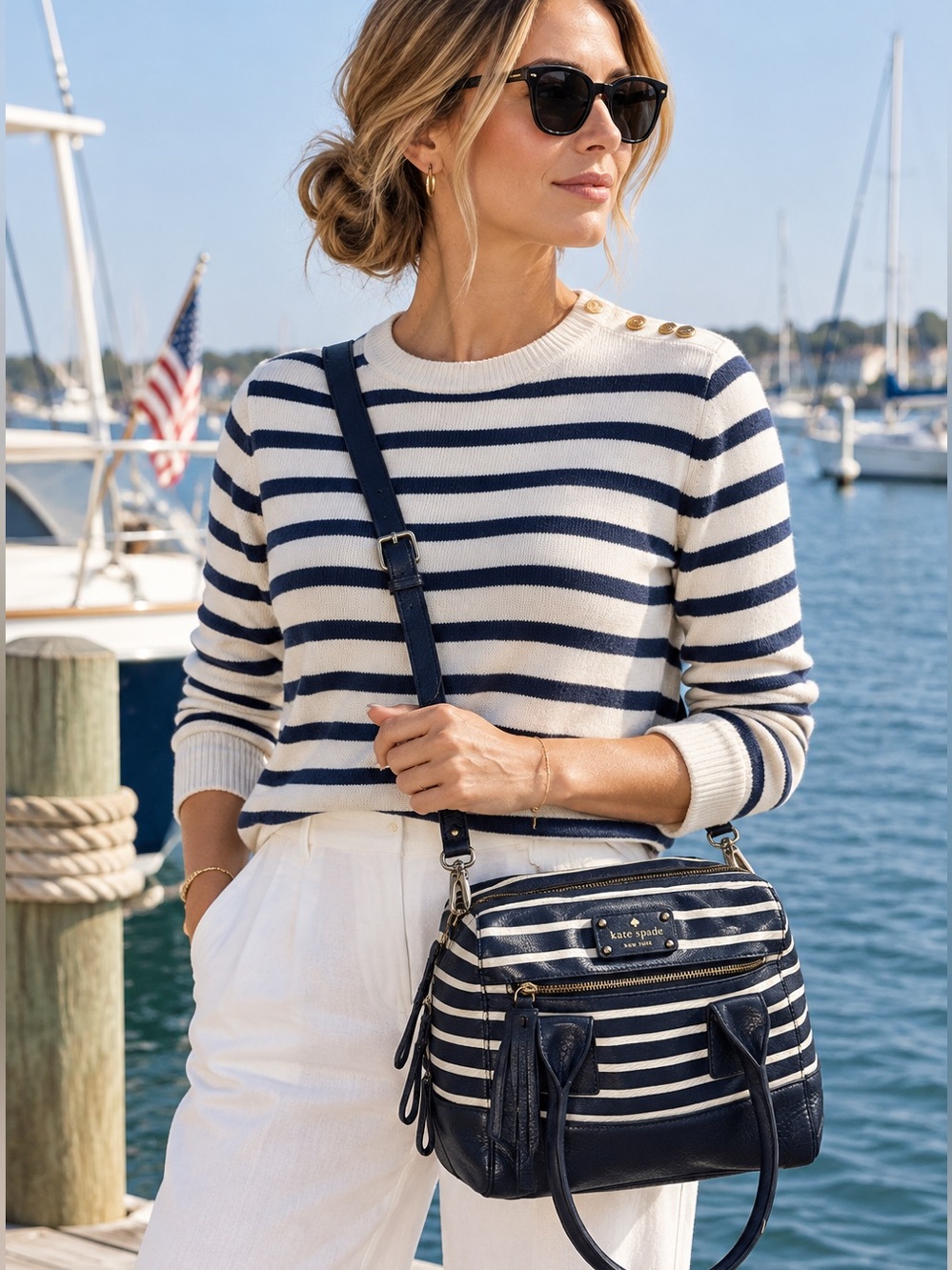 Kate spade Navy and White Striped Crossbody Satchel